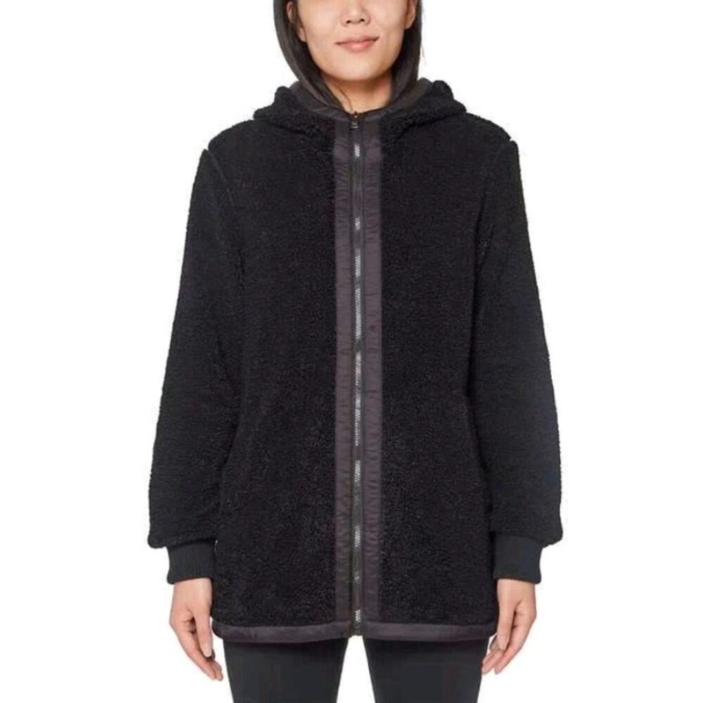 1 Madison Expedition Women's Black Hooded Full Zip Faux Sherpa Jacket Coat XL
